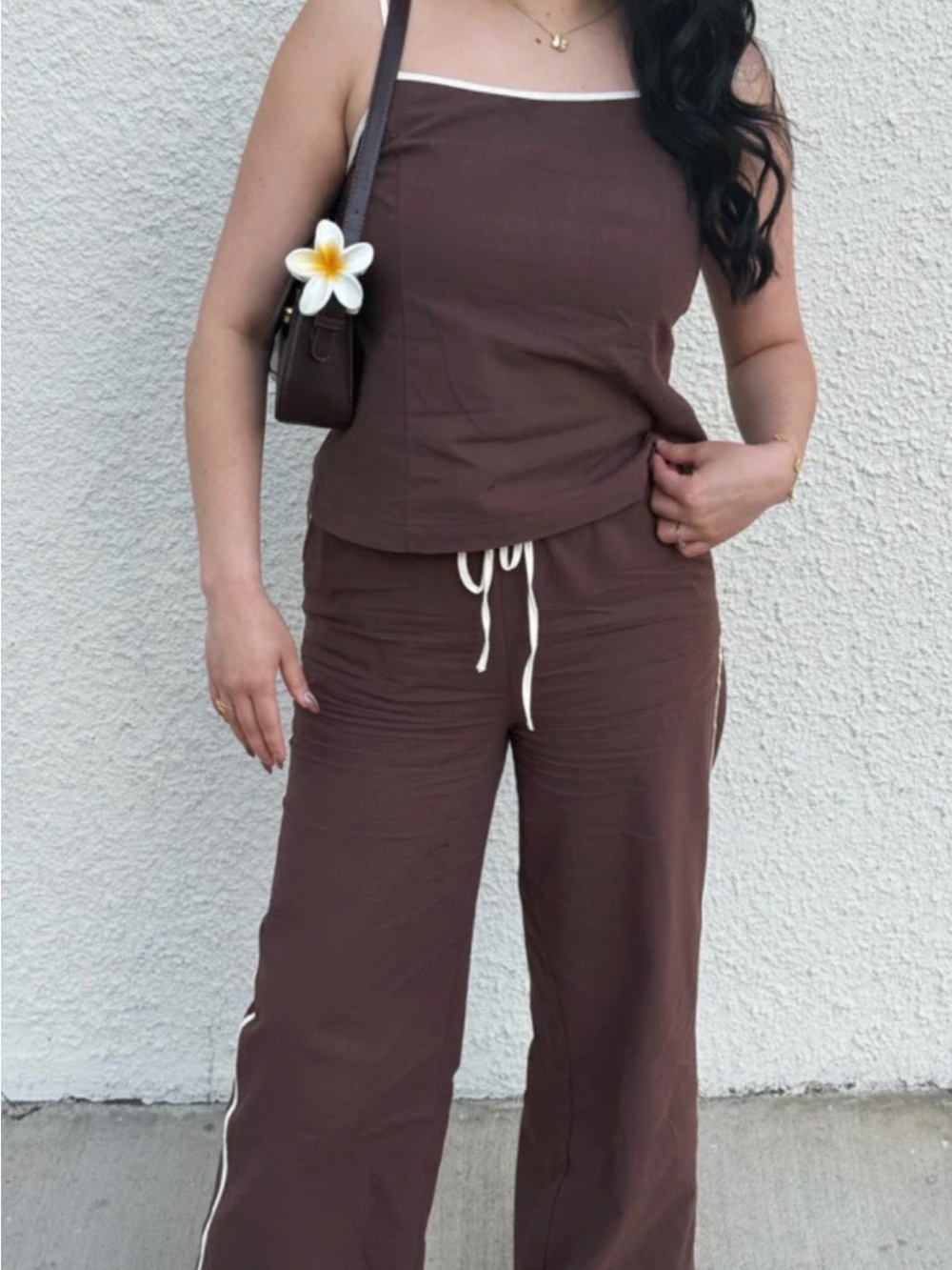 Women's Brown Wide-Leg Lounge Top and Pants Set